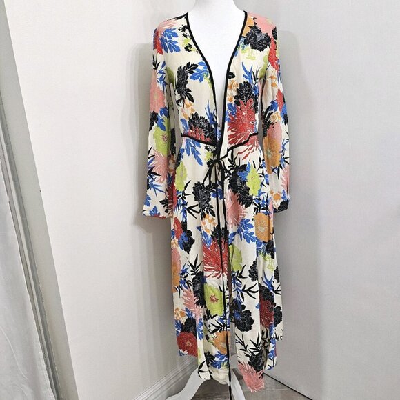 Topshop Button Front Wrap Dress White Floral Long Sleeve Midi V Neck Size 2 U.S - Picture 1 of 14